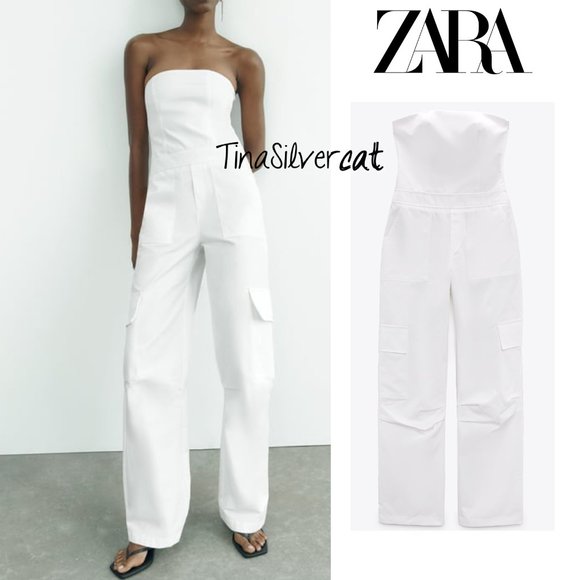 BLOGGER'S FAVE! Zara Strapless Cargo Jumpsuit White NWT - Picture 4 of 17